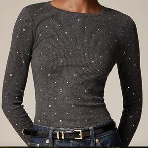 J. Crew Embellished Vintage Rib Long-Sleeve Top Heather Charcoal Gray NWT M